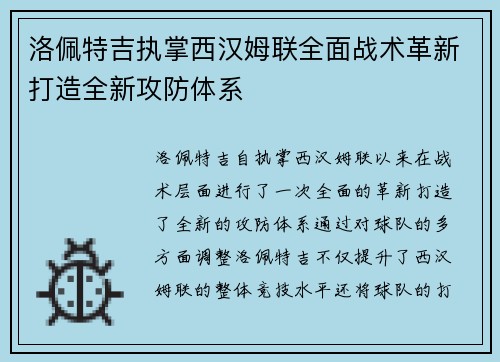 洛佩特吉执掌西汉姆联全面战术革新打造全新攻防体系 洛佩特吉执掌西汉姆联全面战术革新打造全新攻防体系